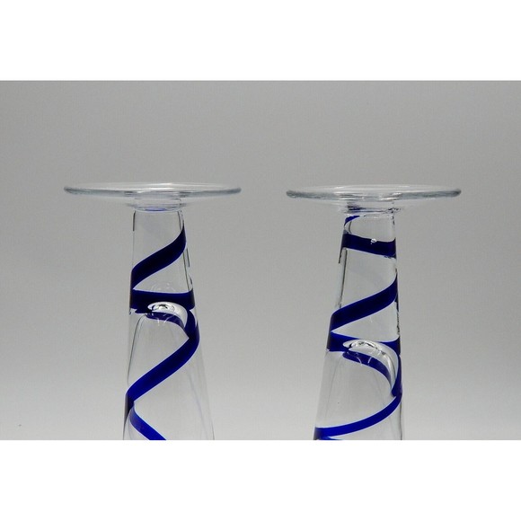 Pier 1 One Cobalt Blue SWIRLINE Pilsner Beer 10” Tall Swirl Glass Pair Handblown - Picture 6 of 7